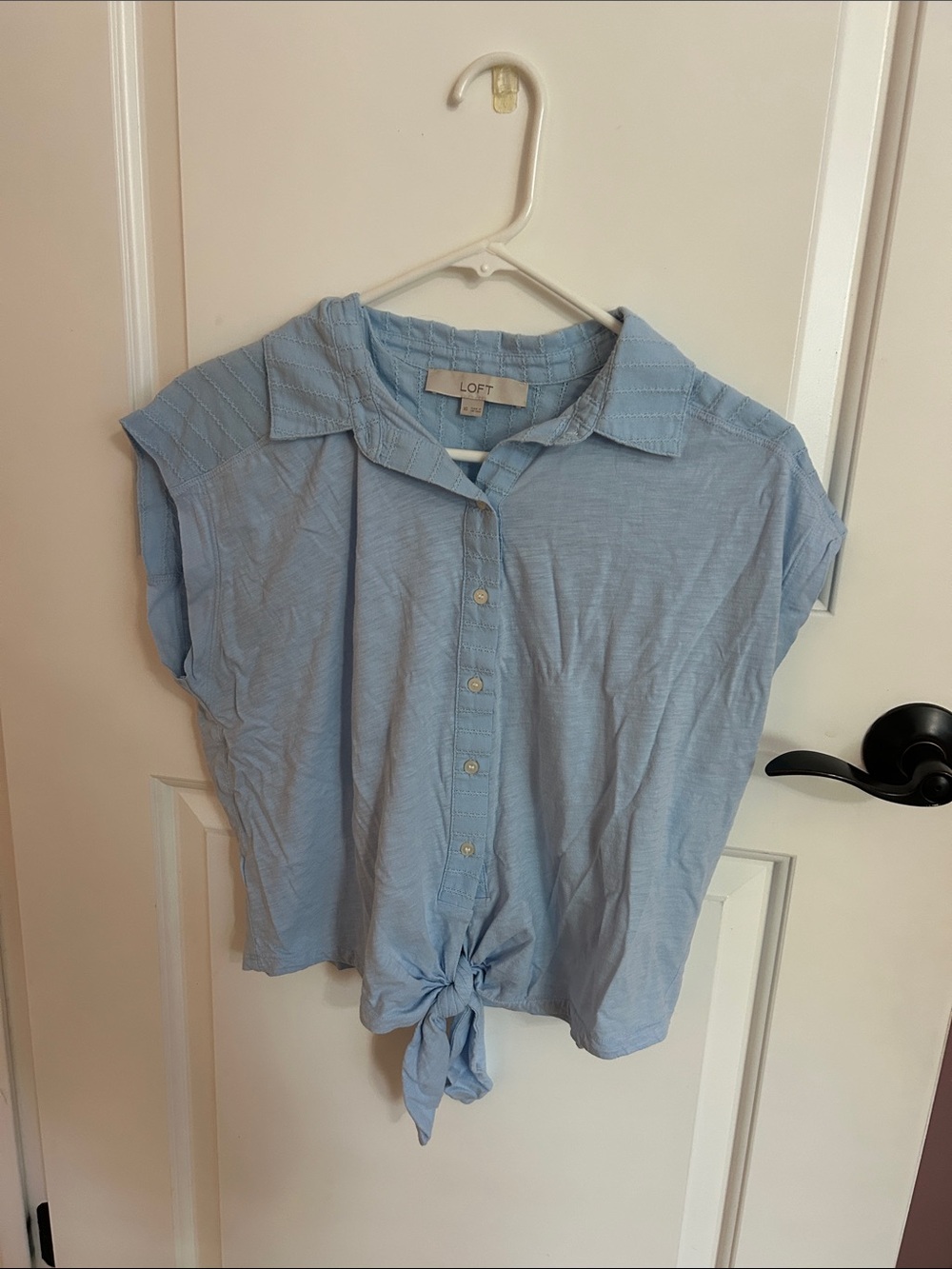 LOFT Light Blue Short-Sleeve Button Tie-Front Shirt